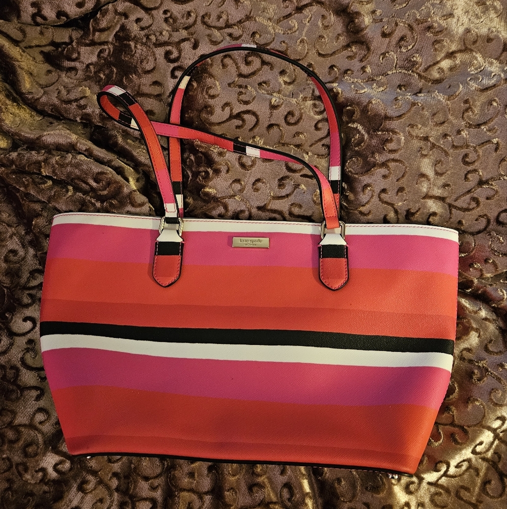 kate spade Stylish Pink and Red Striped Tote Bag